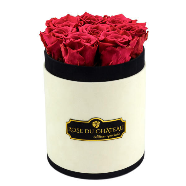 Růžové věčné růže v malém béžovém flowerboxu