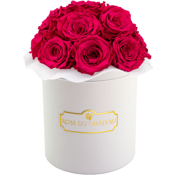 Růžové věčné růže bouquet v bílém flowerboxu
