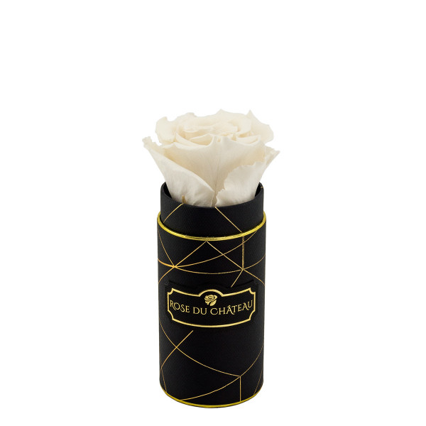 Bílá věčná růže v mini černém industrial flowerboxu