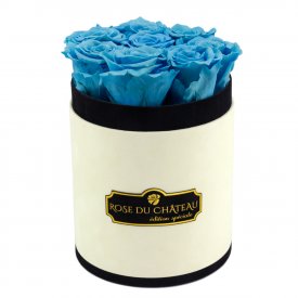 Modré věčné růže v malém béžovém flowerboxu