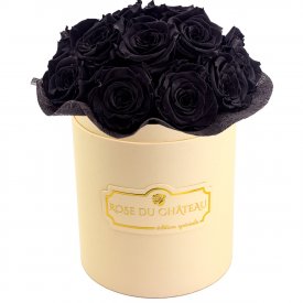 ČERNÉ věčné růže bouquet v malém BÉŽOVÉM flowerboxu