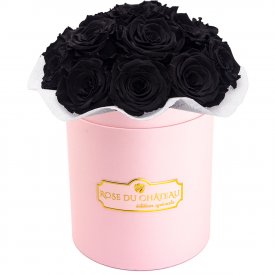 ČERNÉ věčné růže bouquet v malém RŮŽOVÉM flowerboxu