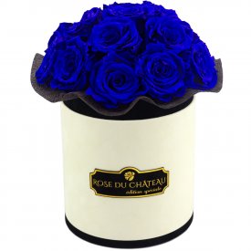 TMAVĚ MODRÉ věčné růže bouquet v BÉŽOVÉM flowerboxu