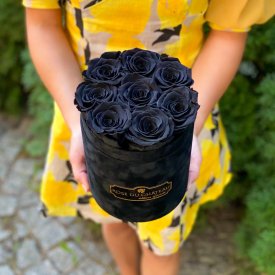 ČERNÉ věčné růže v malém černém flowerboxu