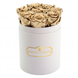 ZLATÉ věčné růže v malém bílém flowerboxu