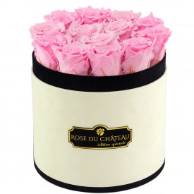 Světle růžové věčné růže v béžovém flowerboxu