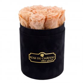 Čajové věčné růže v malém černém flowerboxu
