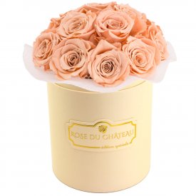 Růžové věčné růže bouquet v malém BÉŽOVÉM flowerboxu