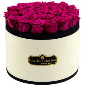 Růžové věčné růže ve velkém béžovém flowerboxu