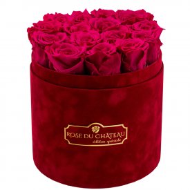 Růžové věčné růže v bordovém semišovém flowerboxu