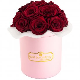 Červené věčné růže bouquet v malém RŮŽOVÉM flowerboxu