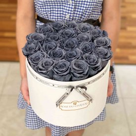 Šedé věčné růže ve velkém bílém flowerboxu