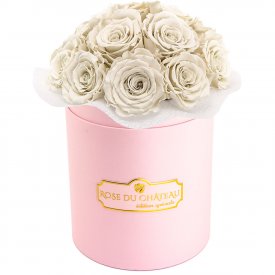 BÍLÉ věčné růže bouquet v malém RŮŽOVÉM flowerboxu