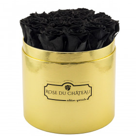 Černé věčné růže ve zlatém flowerboxu
