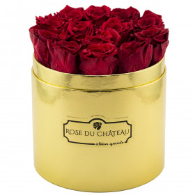 Červené věčné růže ve zlatém flowerboxu