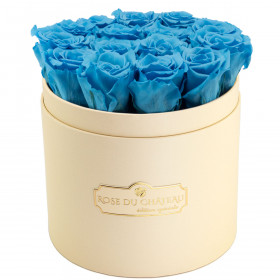Modré věčné růže v broskvovém flowerboxu