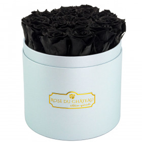Černé věčné růže v modrém flowerboxu