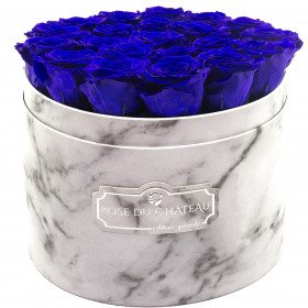 Tmavě modré věčné růže ve velkém bílém mramorovém flowerboxu