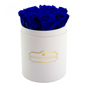Tmavě modré věčné růže v malém bílém flowerboxu