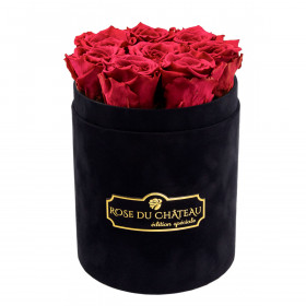 Růžové věčné růže v malém černém flowerboxu
