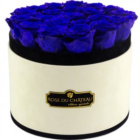 Azurblaue Ewige Rosen in weißer marmorierter Rundbox Large