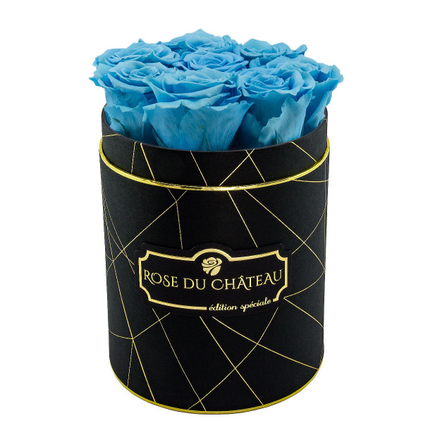 Azurblaue Ewige Rosen in schwarzer Industriel Rundbox Small