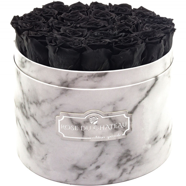 Schwarze Ewige Rosen in weißer marmorierter Rundbox Large