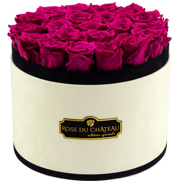 Rosafarbene Ewige Rosen in weißer marmorierter Rundbox Large