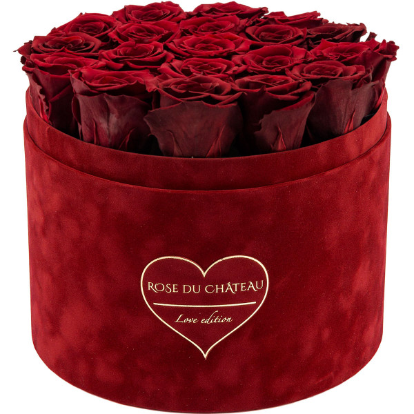 Rote Ewige Rosen in Rosafarbener Beflockter Rosenbox Large - LOVE EDITION