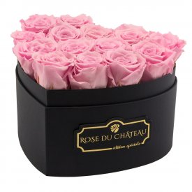 Zartrosafarbene Ewige Rosen in schwarzer Herz Box