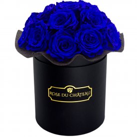 Blaue Ewige Rosen Bouquet in schwarzer Rosenbox