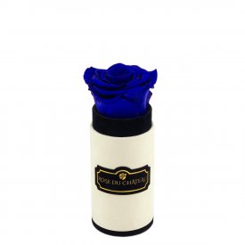 Azurblaue Ewige Rose in weißer marmorierter Mini Rundbox