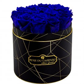 Blaue Ewige Rosen in schwarzer Industrial Rosenbox
