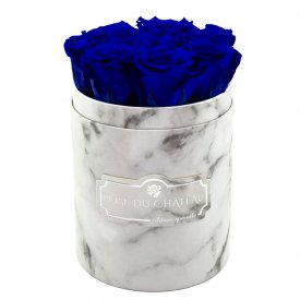 Blaue Ewige Rosen in weißer marmorierter Rundbox Small