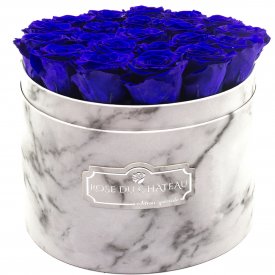 Blaue Ewige Rosen in weißer marmorierter Rundbox Large