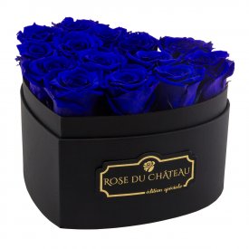 Blaue Ewige Rosen in schwarzer Herz Box