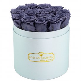Schwarze Ewige Rosen in azurblauer Rosenbox