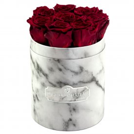 Rote Ewige Rosen in weißer marmorierter Rundbox Small