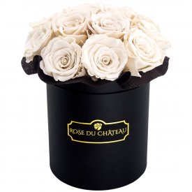 Weisse Ewige Rosen Bouquet in schwarzer Rosenbox