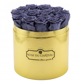 Schwarze Ewige Rosen in goldener Rosenbox